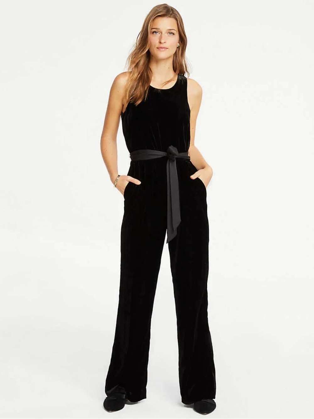 Ann Taylor Black Velvet Sleeveless Jumpsuit with Sash Belt